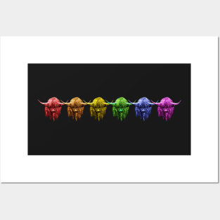 Scottish Highland Cows Rainbow Herd On Black Posters and Art